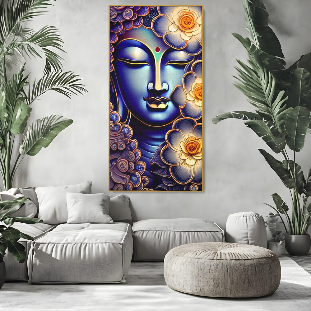 Tablou canvas cu tablou canvas cu portretul lui buddha, in rama de aluminiu auriu, pe perete intr-un living